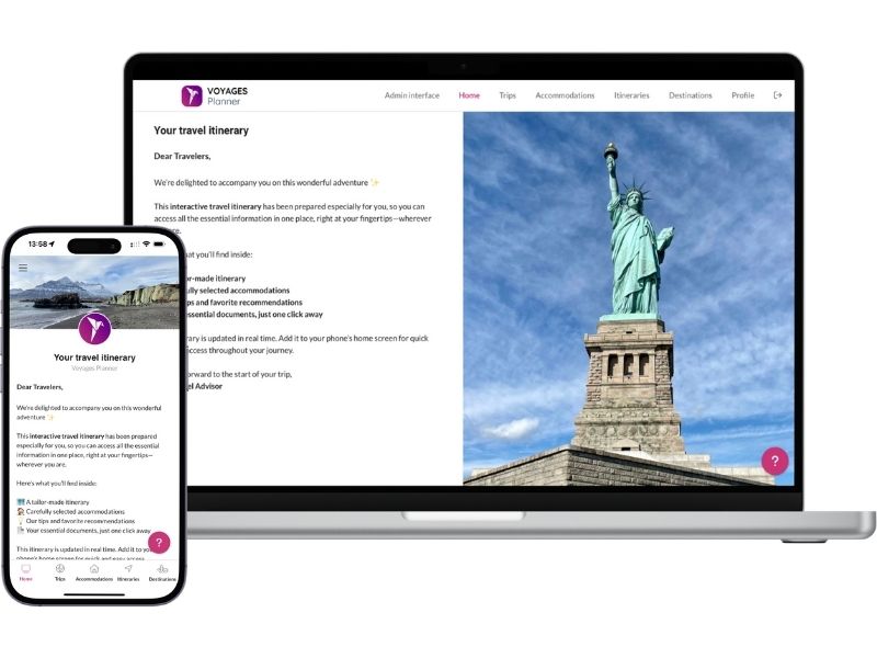 Digital travel itinerary on mobile and laptop with Voyages Planner