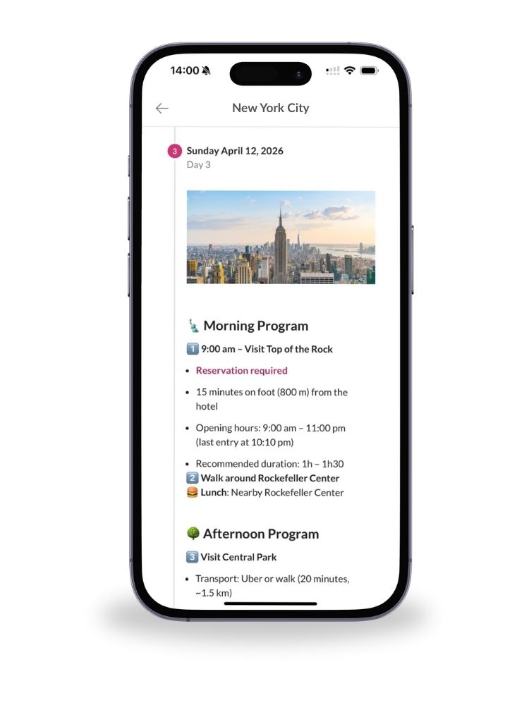 Mobile view of a digital travel itinerary in Voyages Planner with New York City program