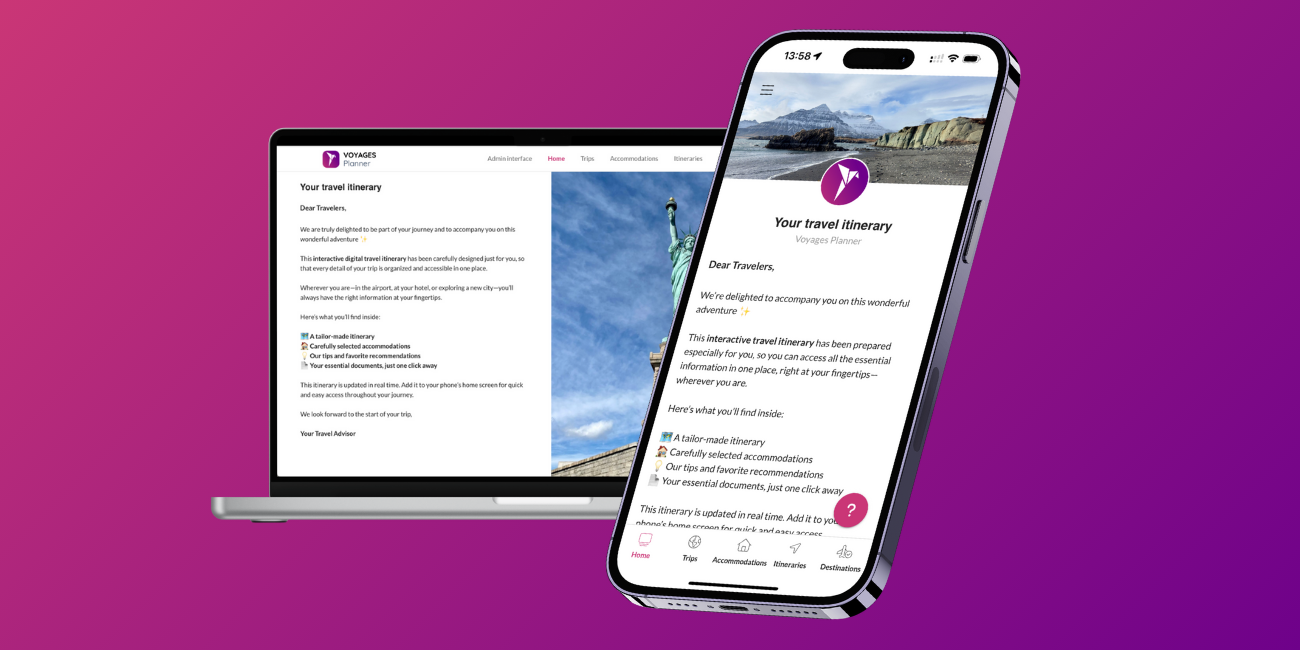 Interactive digital travel itinerary displayed on laptop and mobile with Voyages Planner software