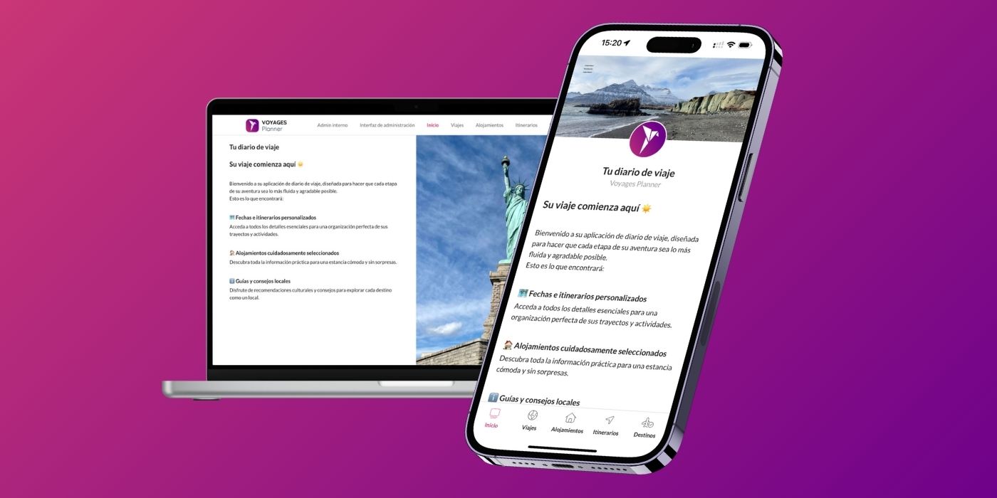 Interfaz del itinerario digital interactivo de Voyages Planner en ordenador y móvil