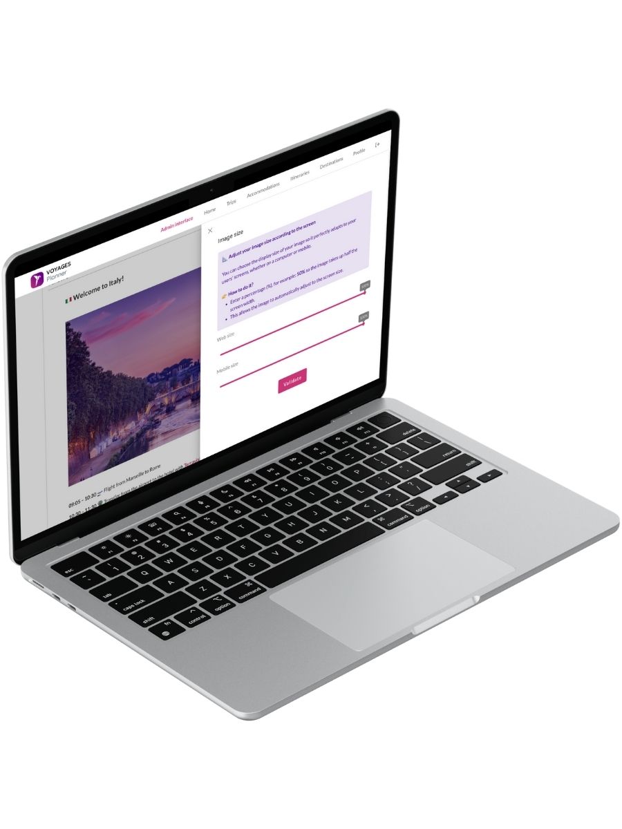 Interfaz de administración de Voyages Planner para ajustar el tamaño de las imágenes en el itinerario digital.