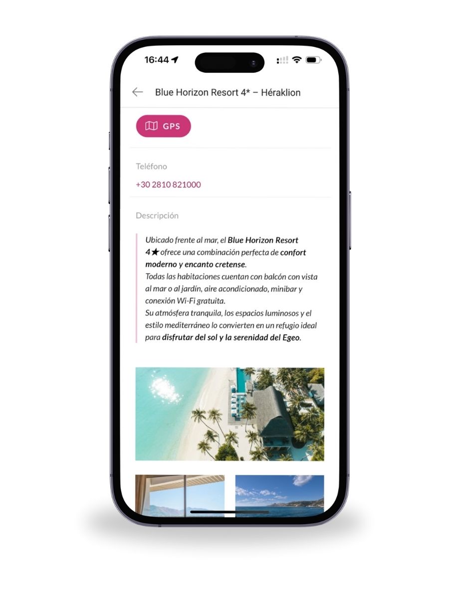 Detalle de alojamiento en un itinerario de viaje digital con imágenes y descripción del Blue Horizon Resort en Heraklion.