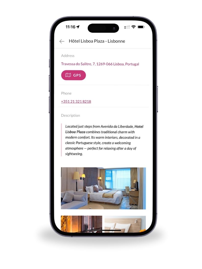 Digital travel itinerary software showing hotel details and photos in Lisbon