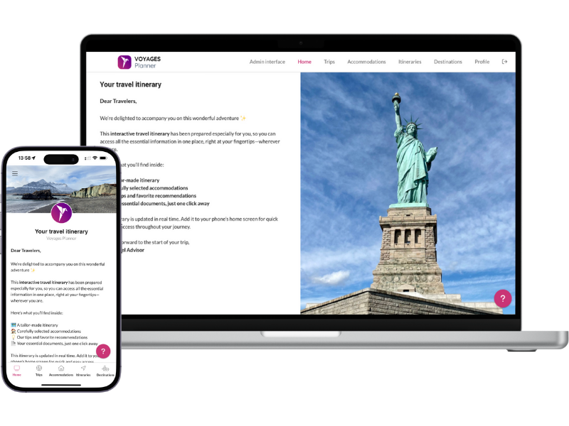 Digital travel itinerary software displayed on mobile and laptop for travel agencies