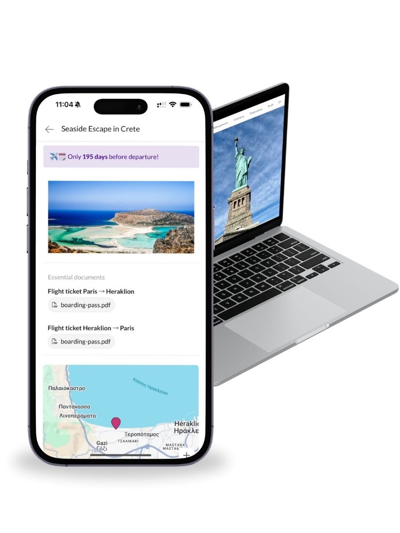 Digital travel itinerary software displaying trip documents, map and photos for a Crete itinerary