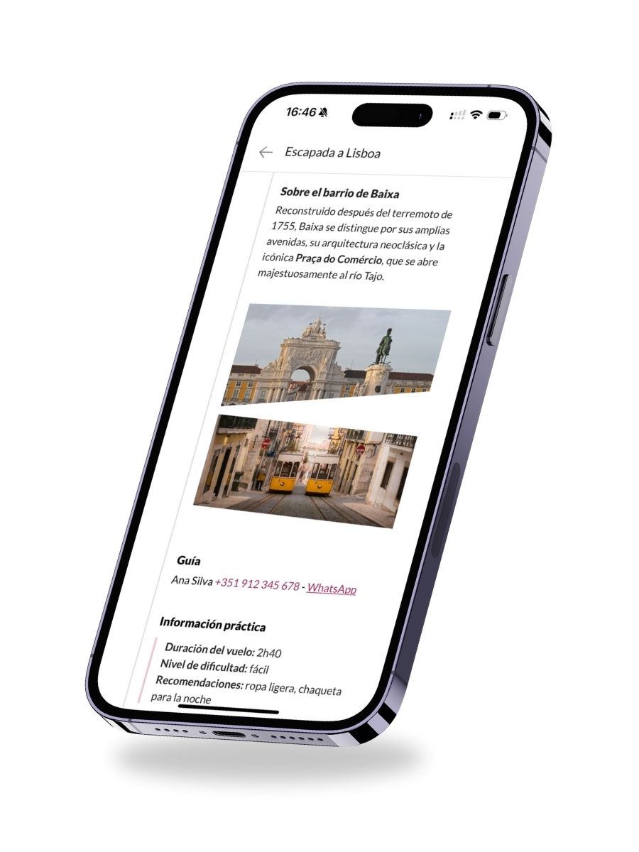 Sección cultural del itinerario de viaje digital con información práctica sobre el barrio de Baixa en Lisboa.