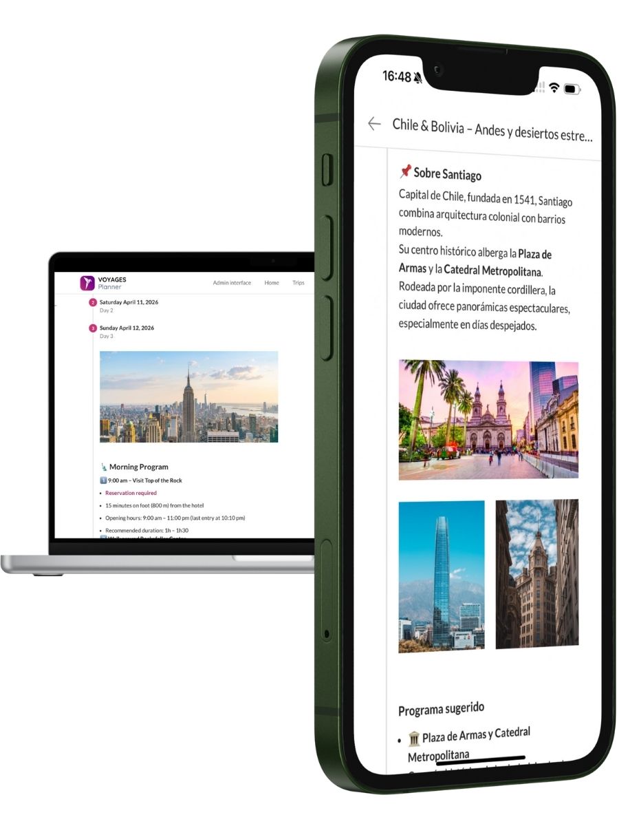 Extracto del itinerario de viaje con información sobre Santiago de Chile y sugerencias de visitas.