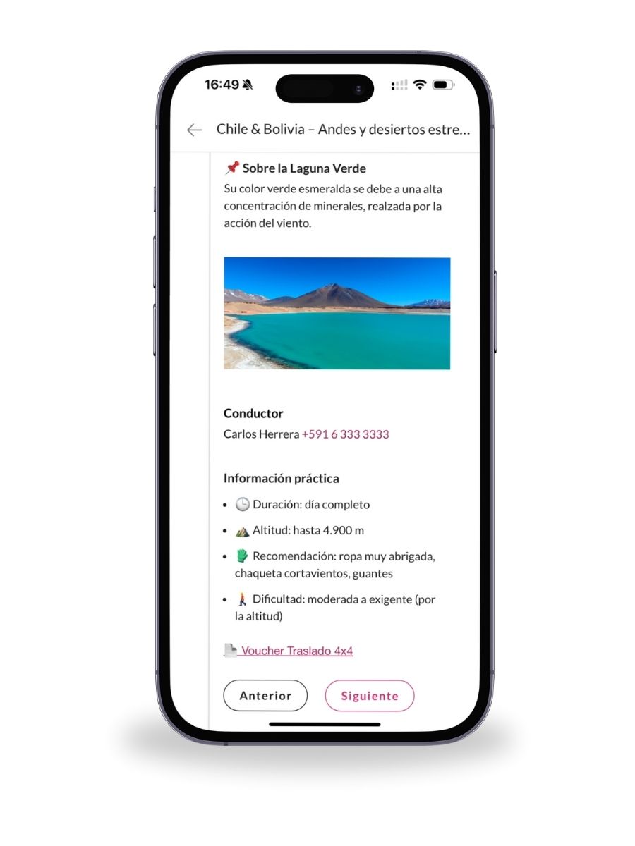 Sección práctica del itinerario digital con detalles sobre la excursión a la Laguna Verde en Bolivia.