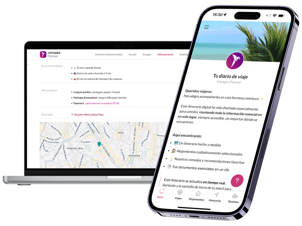 Vista del itinerario de viaje digital en ordenador y móvil con información esencial del viaje en Voyages Planner.