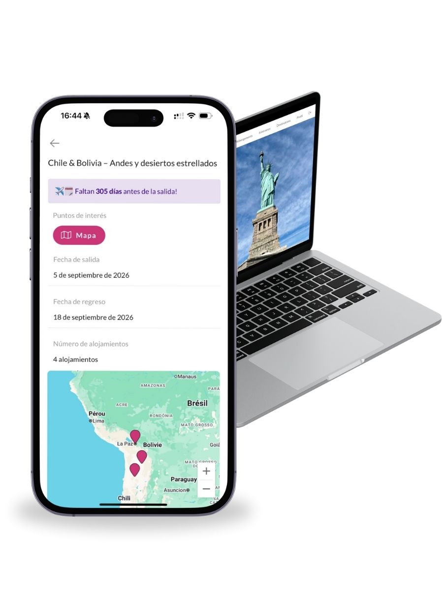 Ejemplo de itinerario de viaje digital con fechas, mapa y puntos de interés para un viaje a Chile y Bolivia.