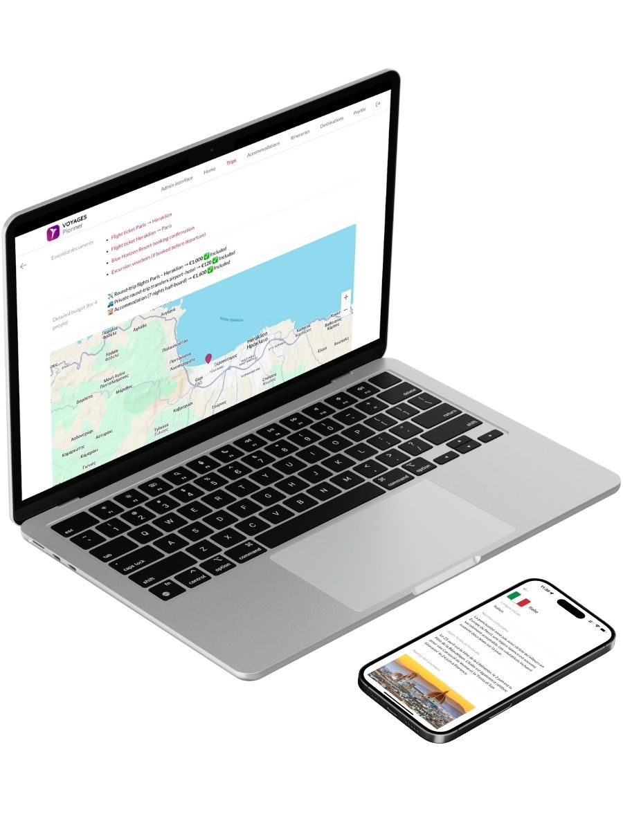 Visualización de etapas del viaje en el itinerario digital interactivo de Voyages Planner con mapas y detalles logísticos.