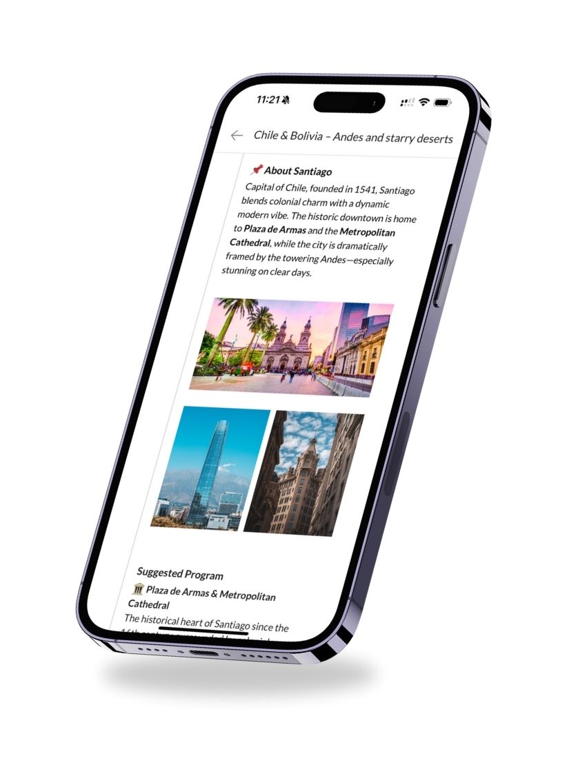 Travel itinerary page showing destination details and photos for a Chile and Bolivia trip