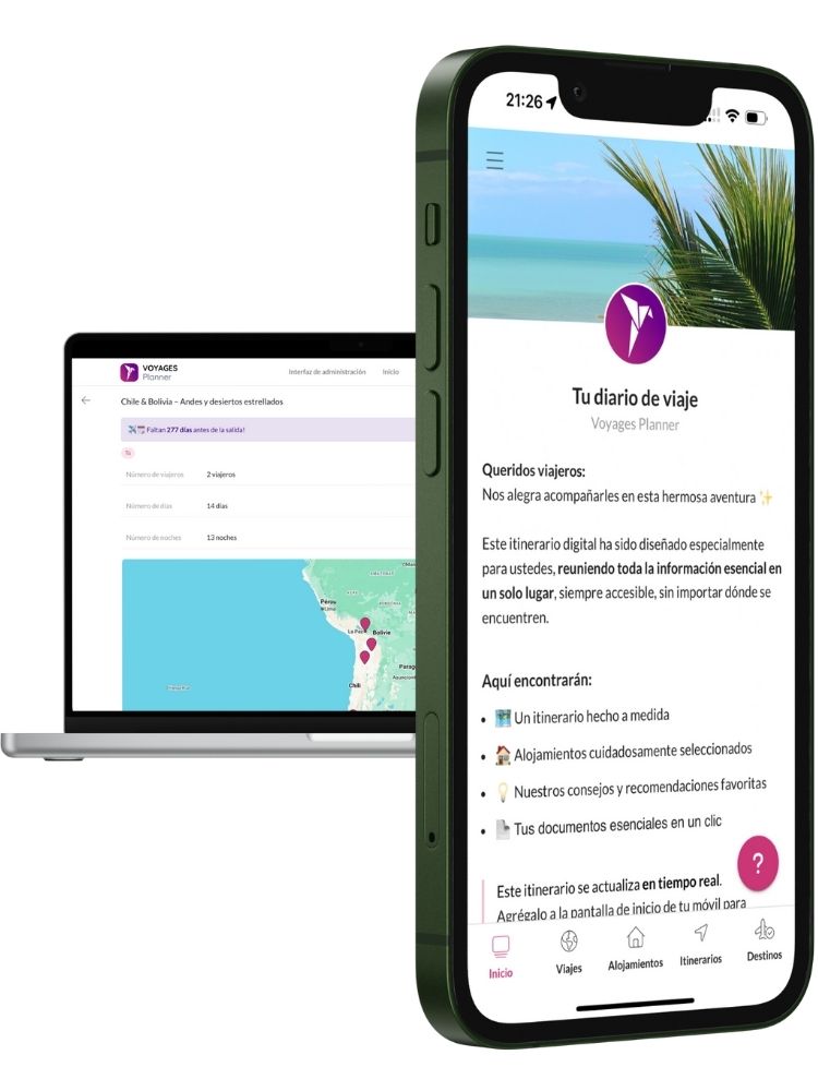 Diario de viaje digital creado con Voyages Planner en vista móvil y escritorio