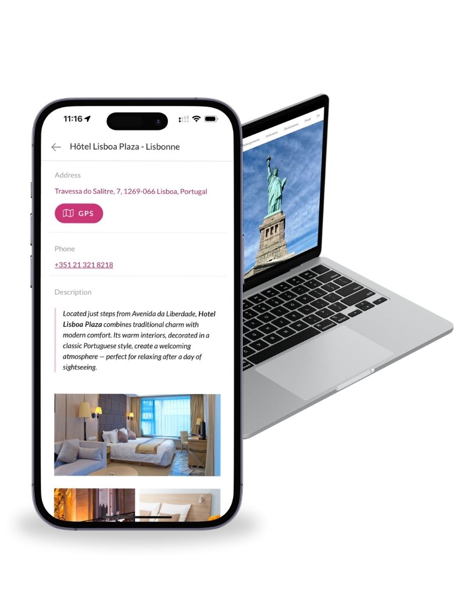 Hotel details displayed in a digital itinerary on phone and laptop