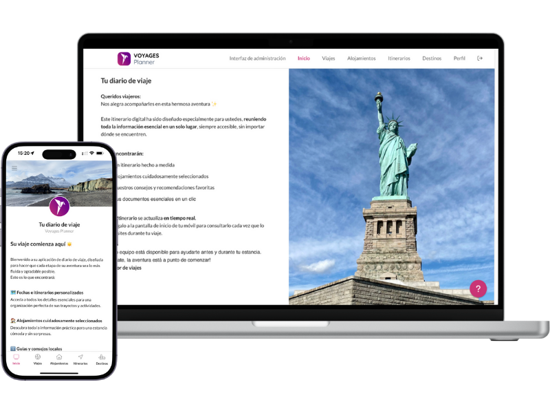 Interfaz de Voyages Planner mostrando un itinerario digital en móvil y ordenador