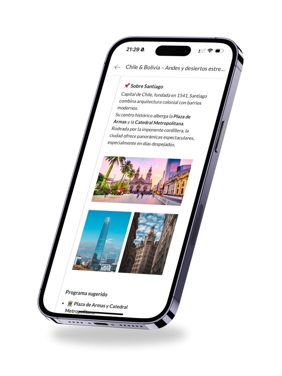 Pantalla móvil de Voyages Planner mostrando información turística de Santiago en un itinerario digital