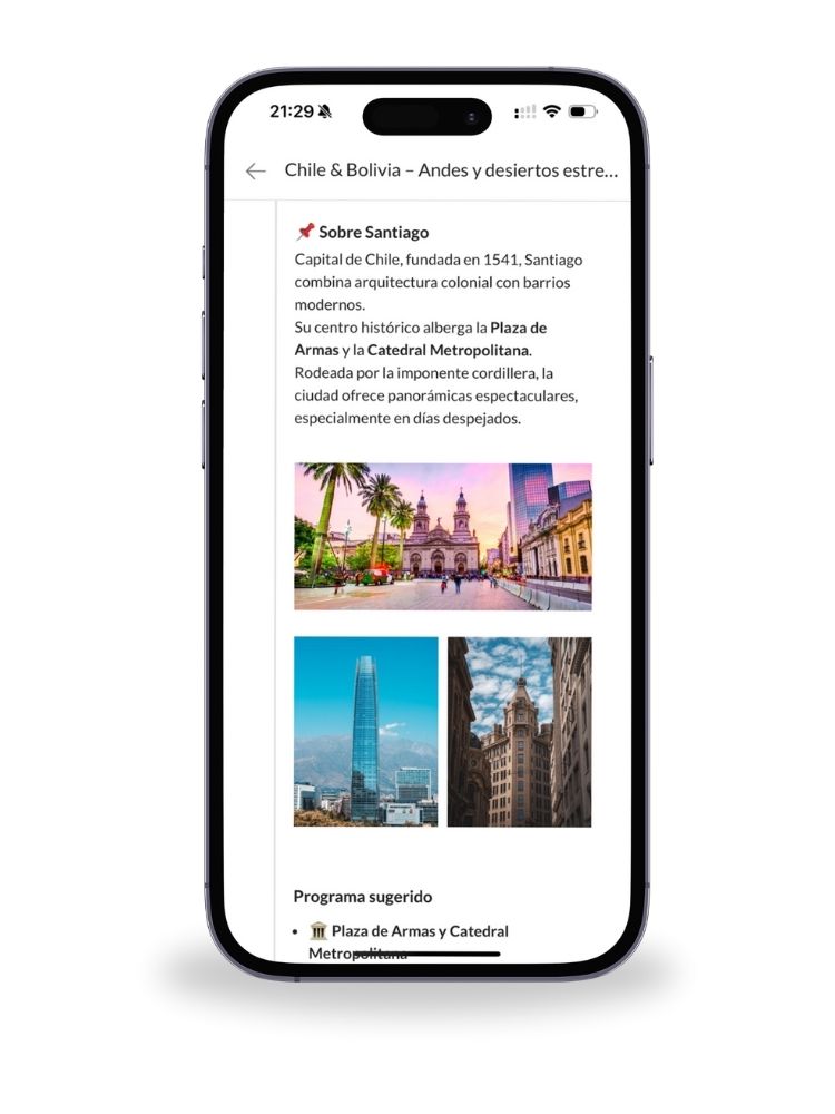 Itinerario digital sobre Santiago de Chile con fotos y programa del día
