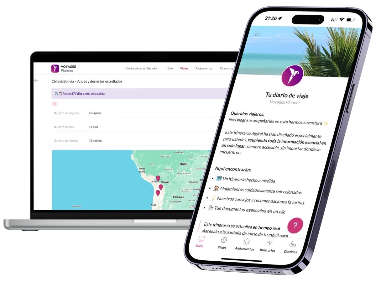 Pantalla móvil de Voyages Planner mostrando información turística de Santiago en un itinerario digital