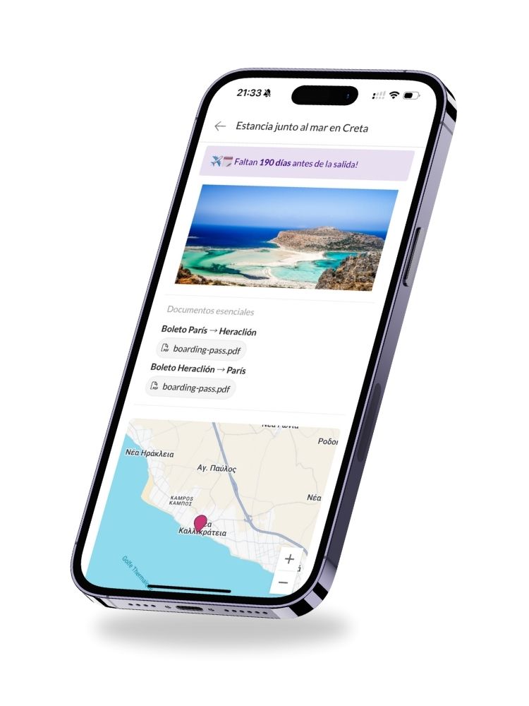 Ejemplo de itinerario digital con documentos, fotos y mapa del destino