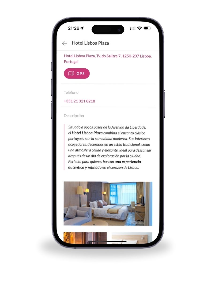 Vista de un itinerario digital con los detalles del Hotel Lisboa Plaza en la app Voyages Planner