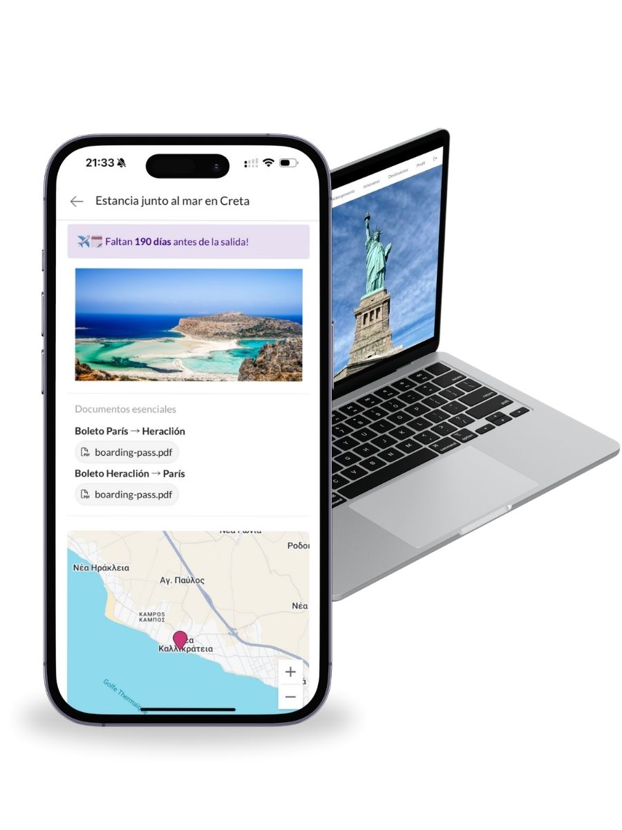 Itinerario digital del viaje a Creta en Voyages Planner con documentos esenciales y mapa interactivo