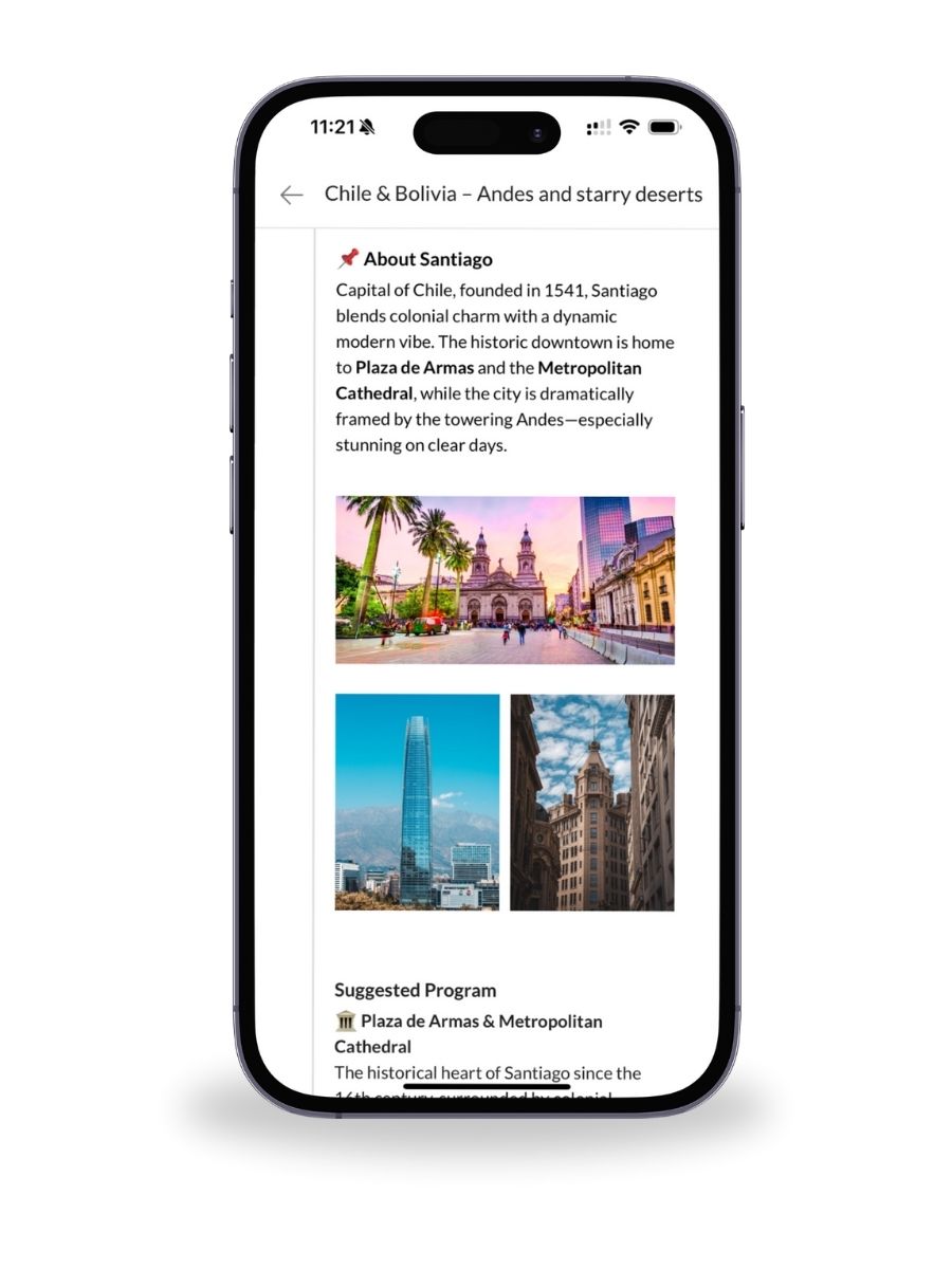 City guide and photos for Santiago shown in digital travel itinerary on phone