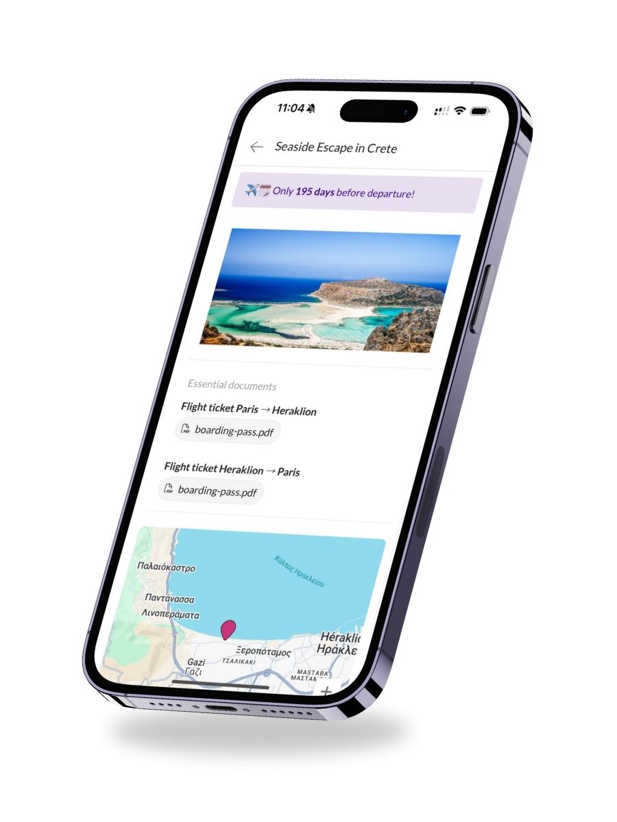 Flight tickets and map for a Crete itinerary shown in mobile travel planner
